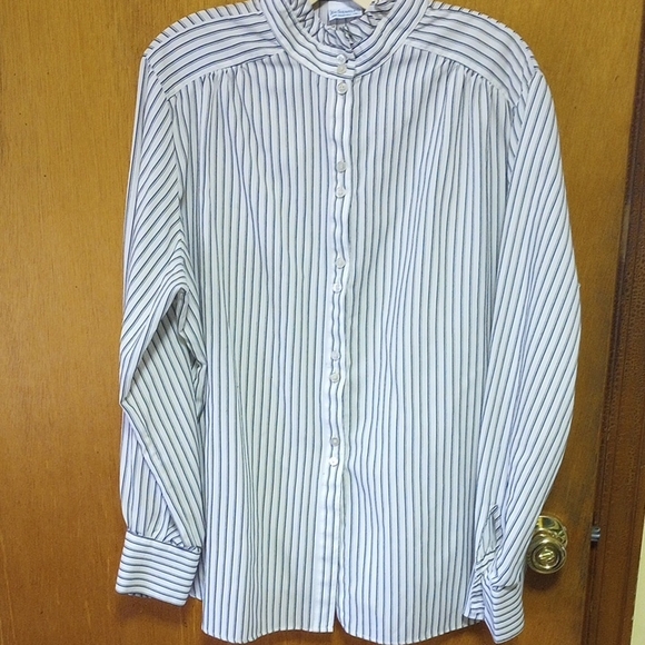 Levis Strauss Tops - Levi Strauss Cream/White & Black Striped Polyester Vintage Blouse w/ High Neck